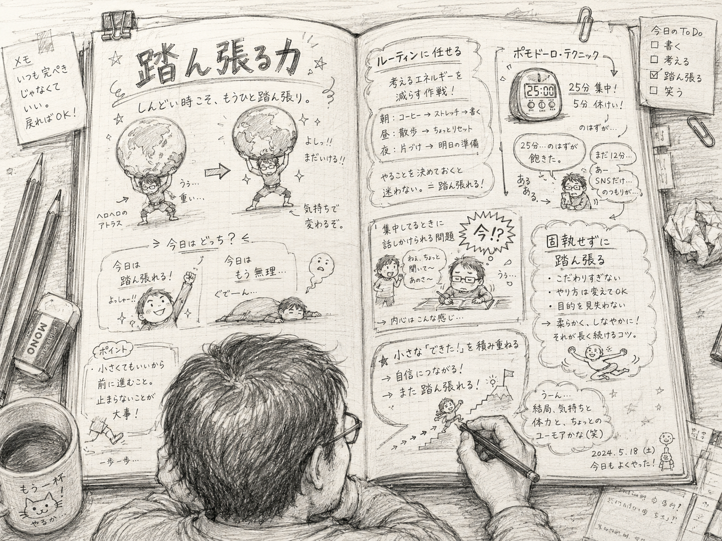 踏ん張る力をテーマにしたノートの挿絵